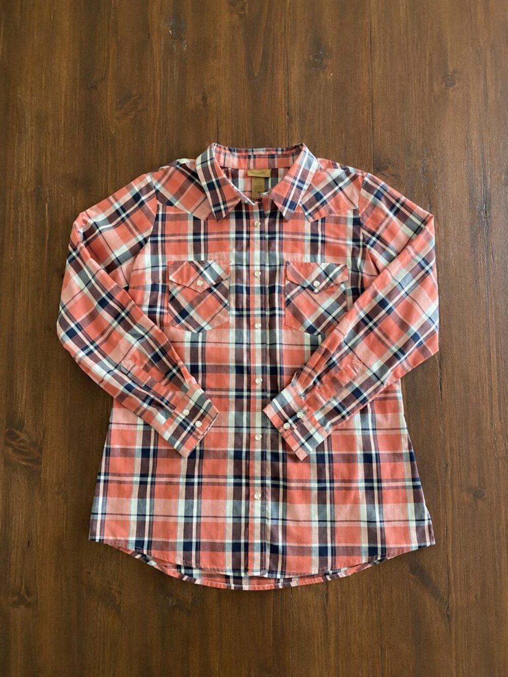 Wrangler Western Pearl Snap Plaid Shirt Coral Pink Navy Large
